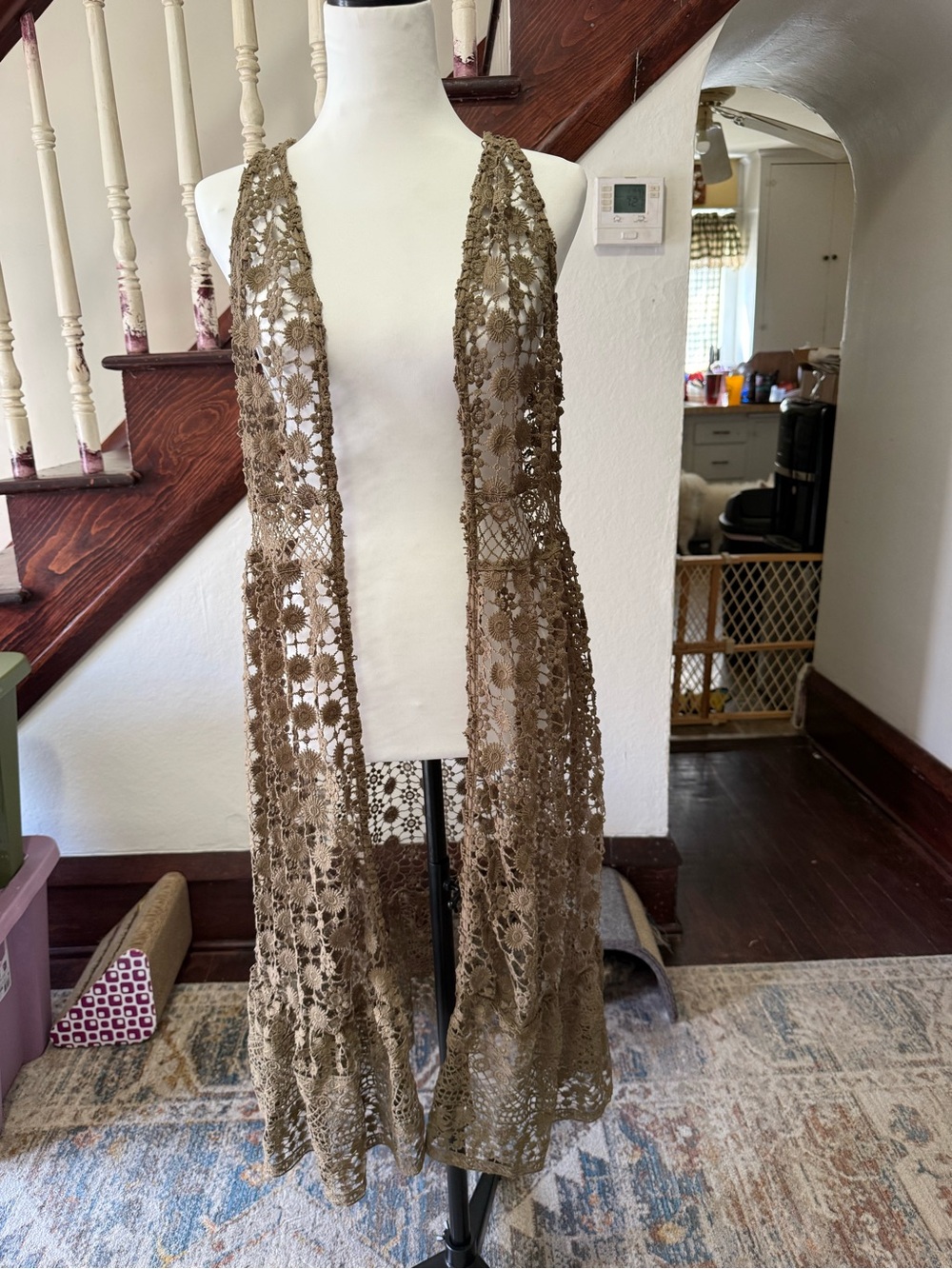 Boho Crochet Duster Vest in Olive Brown